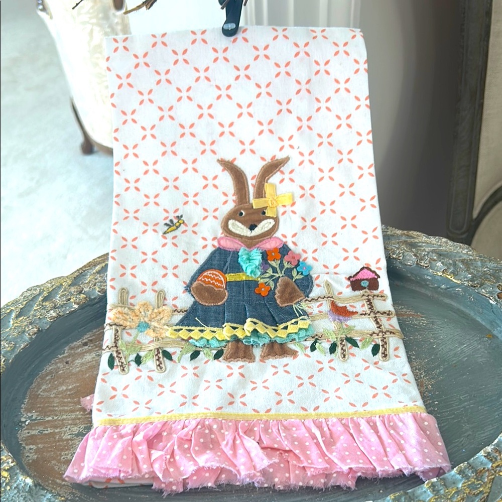 NWT Pier 1 Easter Bunny Embroidered Hand Towel with Pink Ruffle